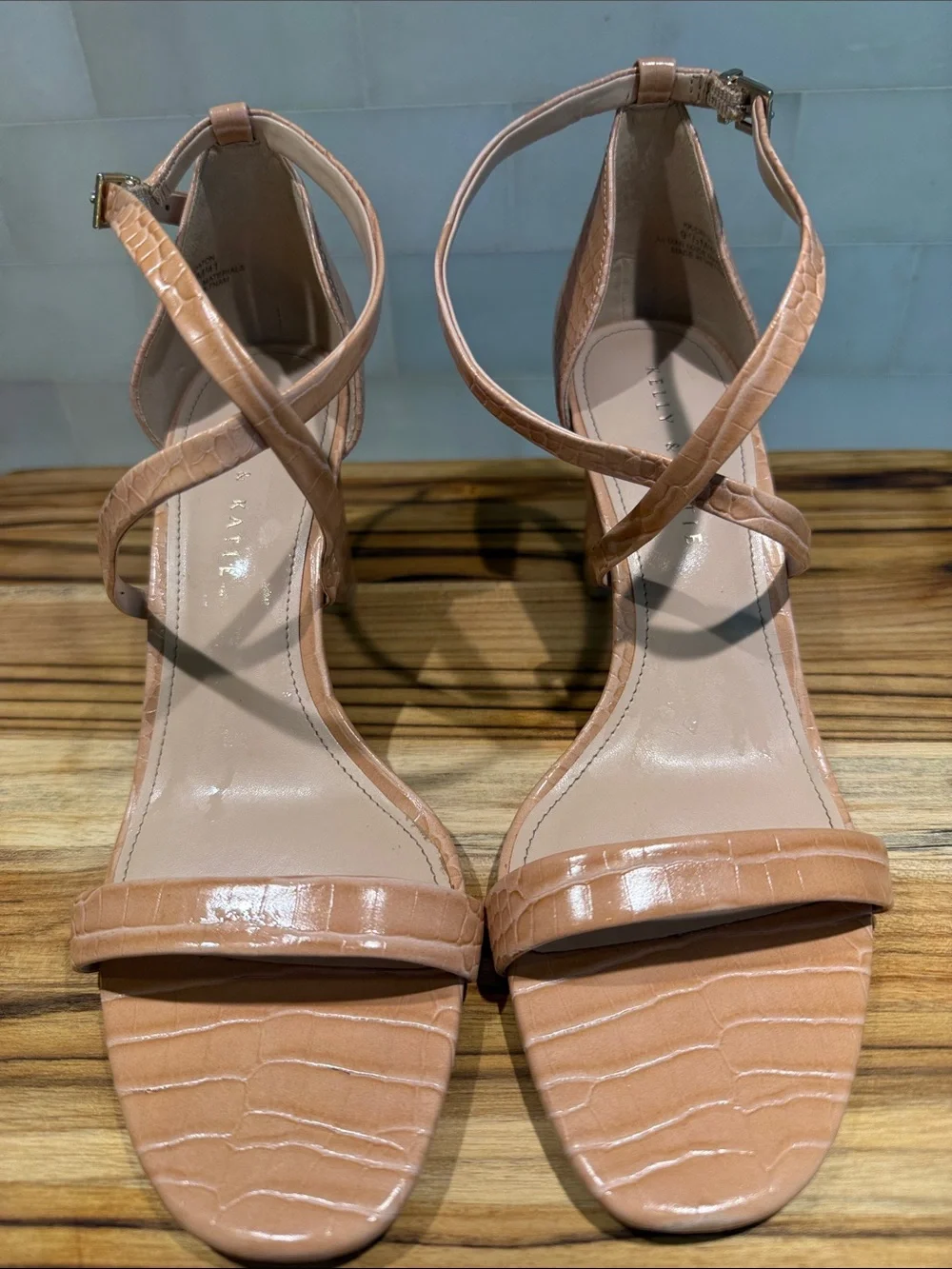 Kelly & Katie Croc-Embossed Peachy Tan Block Heel Sandals